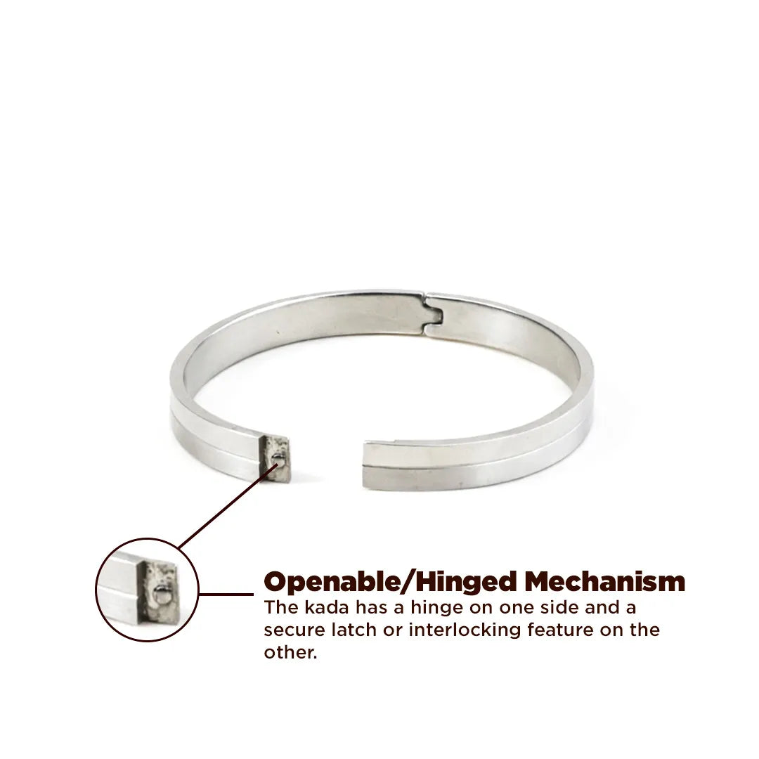 Silver kada with openable/hinged mechanism on a white background