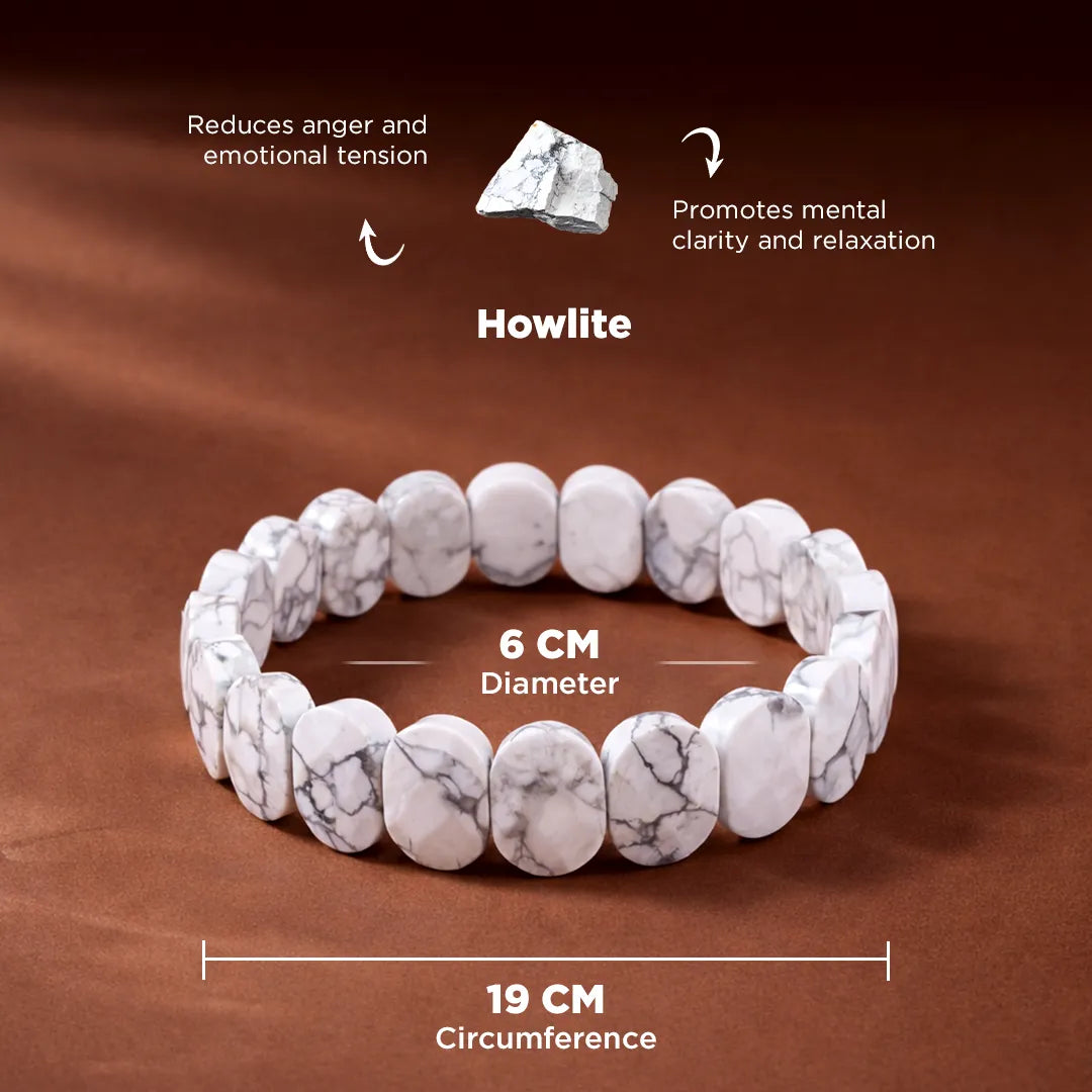 Howlite bracelet with stone and text on a brown backgroundHowlite Emerald Cut Bracelet – Calm Mind, Emotional Balance & Inner Peace