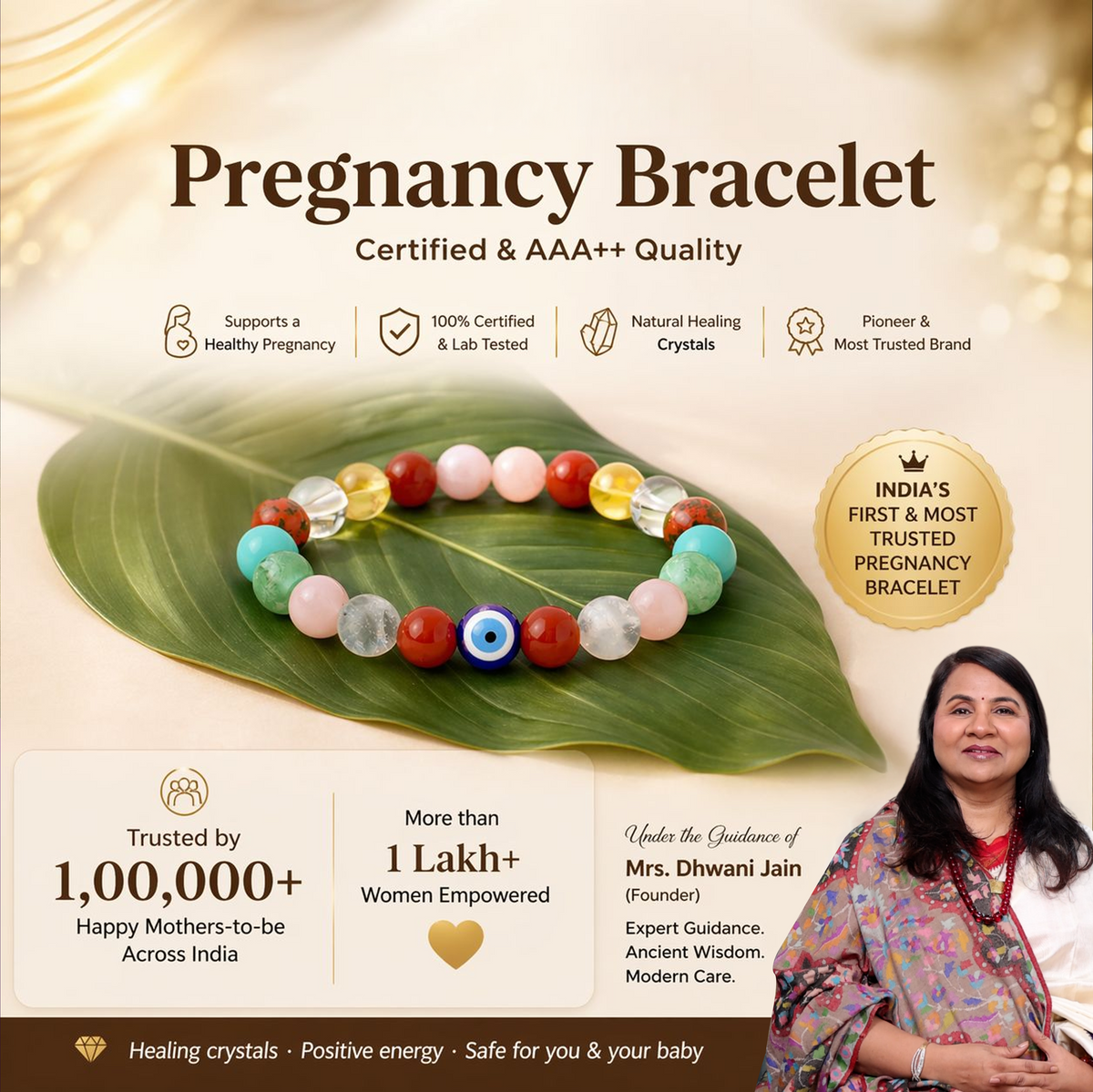 Pregnancy bracelet on a leaf with promotional text about its benefits and credibility.