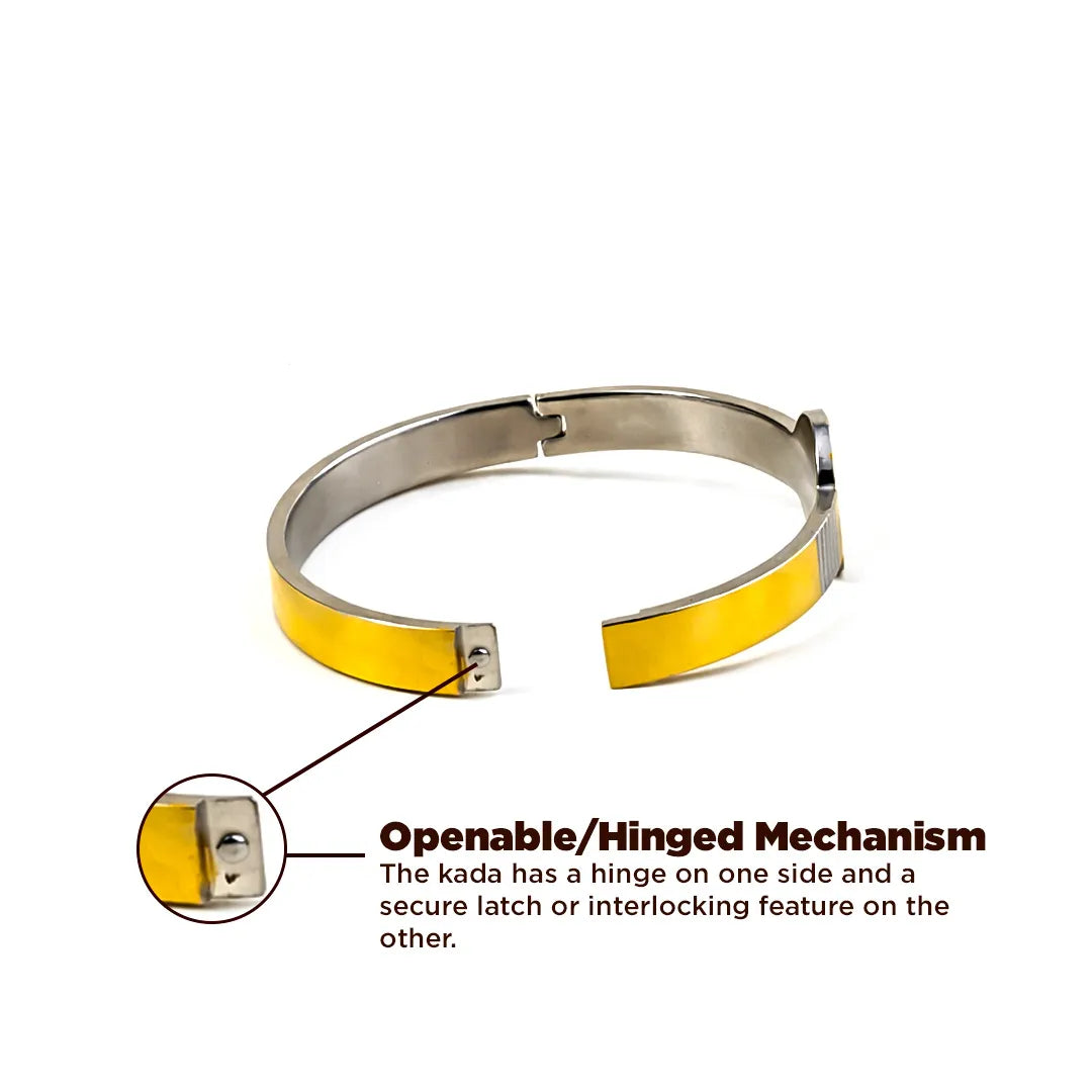 Yellow and silver kada with openable/hinged mechanism on a white backgroundHanuman Raksha Kada – IGP Gold Plated Spiritual Kada for Protection