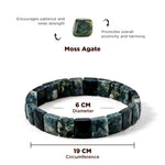 Moss Agate bracelet with dimensions and properties on a white background