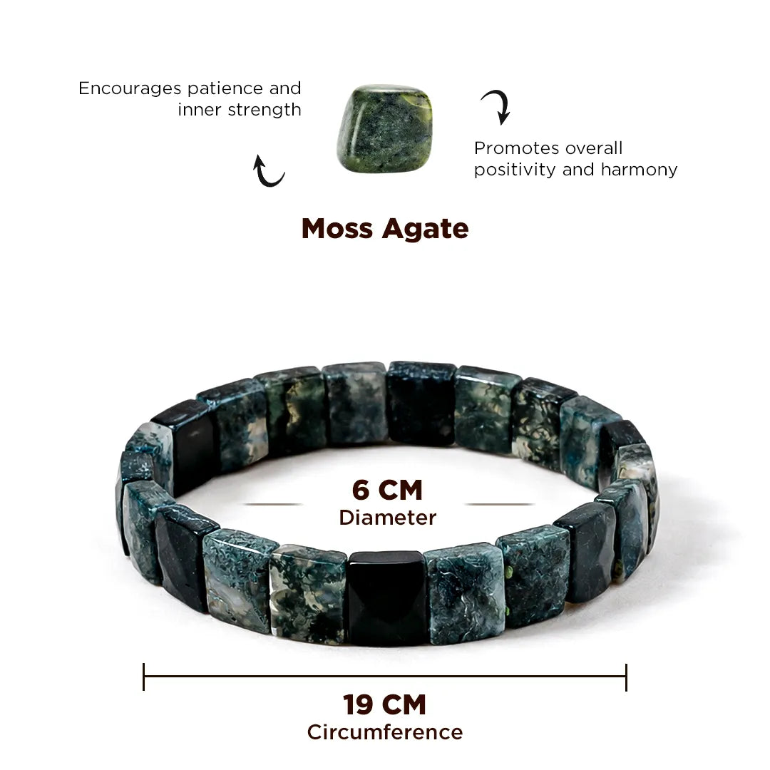 Moss Agate bracelet with dimensions and properties on a white backgroundMoss Agate Emerald Cut Bracelet – Growth, Stability & Emotional Balance