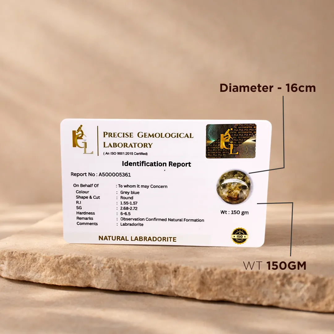 Identification report card for a natural labradorite stone with lab details on a wooden surface.