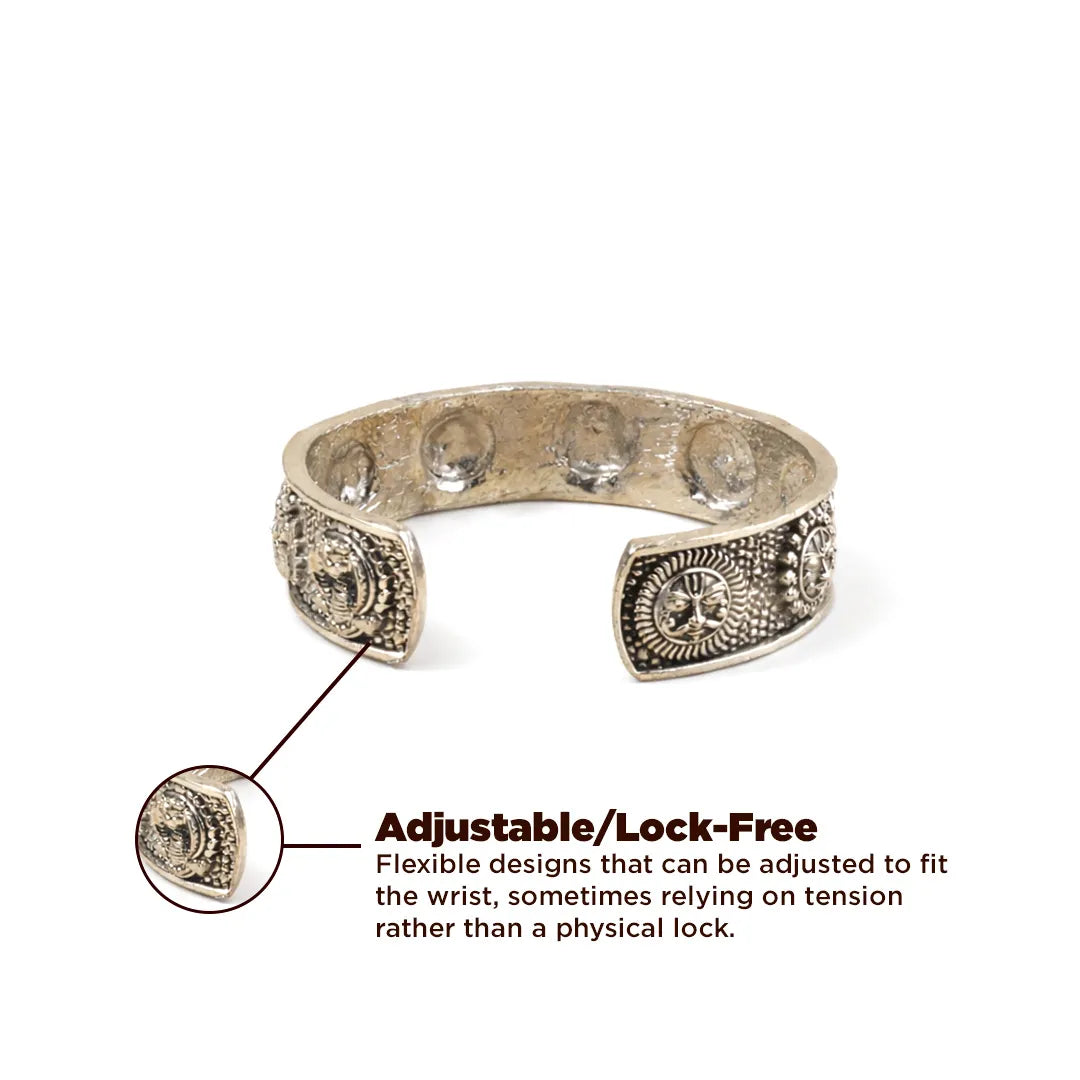 Silver adjustable bracelet on a white background with text explaining its design.Nav Grah Kada (Silver Oxidize) - Abhimantrit Spiritual Kada for Planetary Balance
