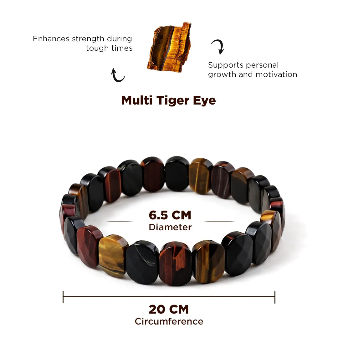 Multi Tiger Eye bracelet with properties and measurements on a white background