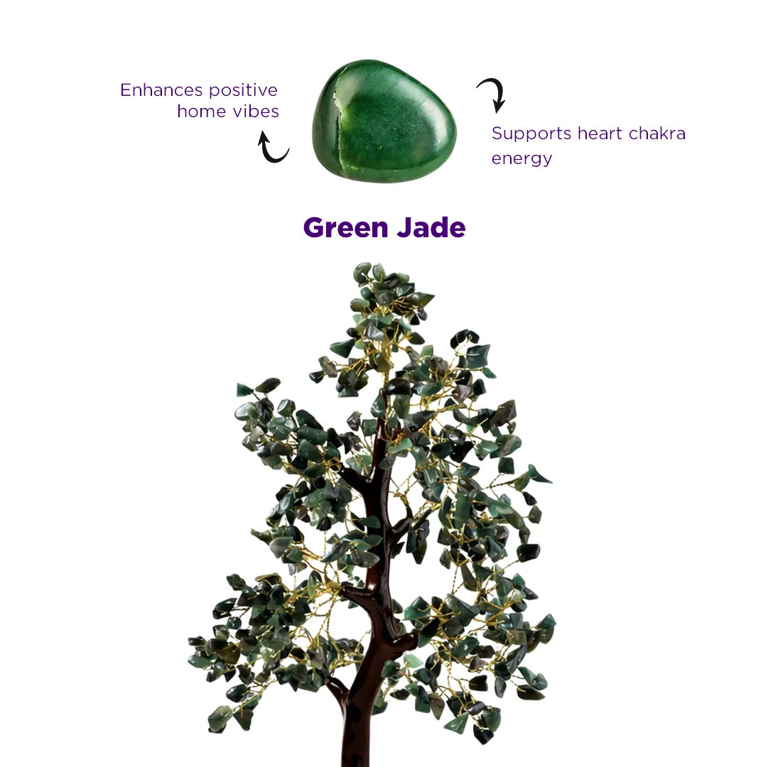 Green jade stone with tree and text on a white background