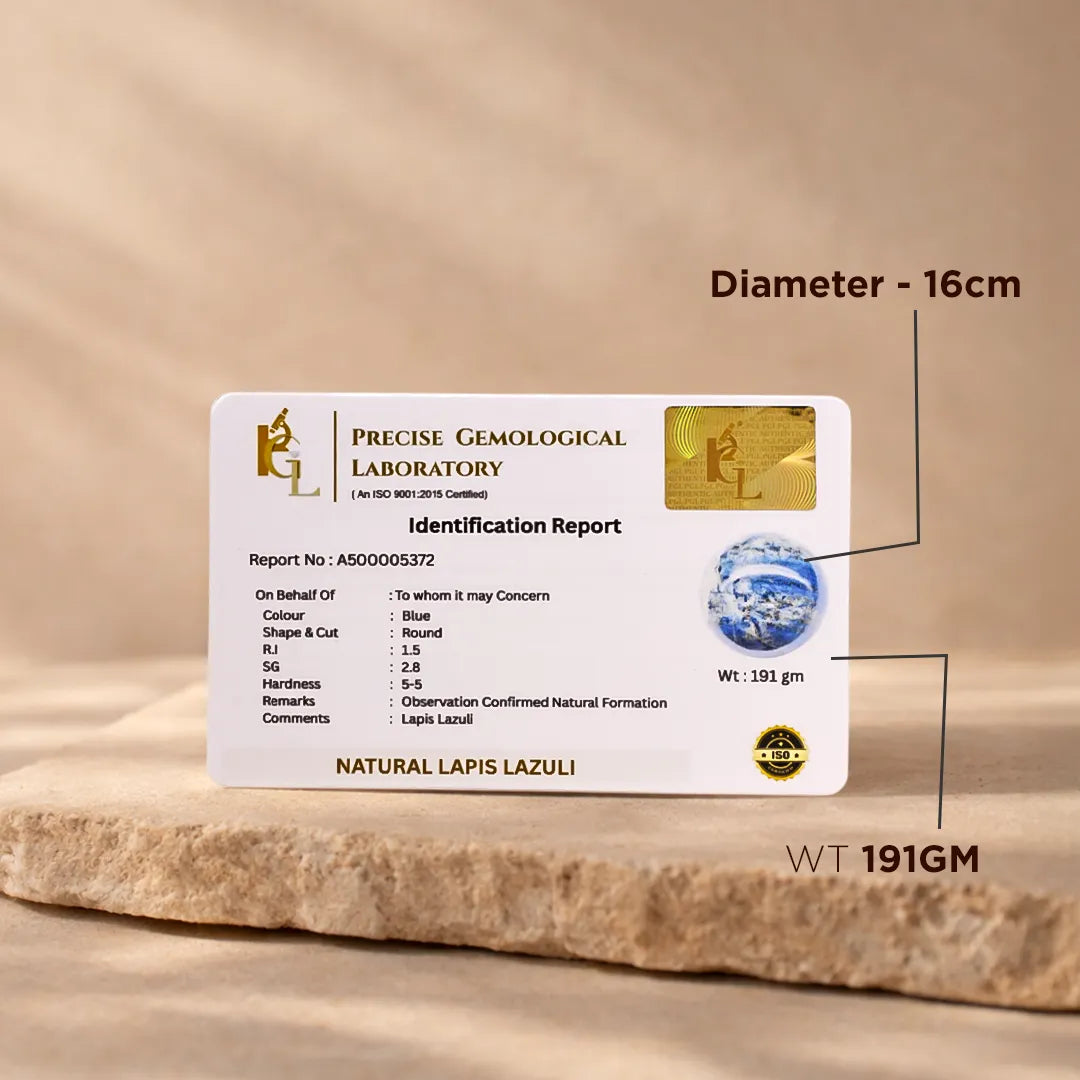 Precise Gemological Laboratory identification report card for natural lapis lazuli on a wooden surface.