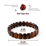 Red tiger eye bracelet with measurements and benefits on a white background