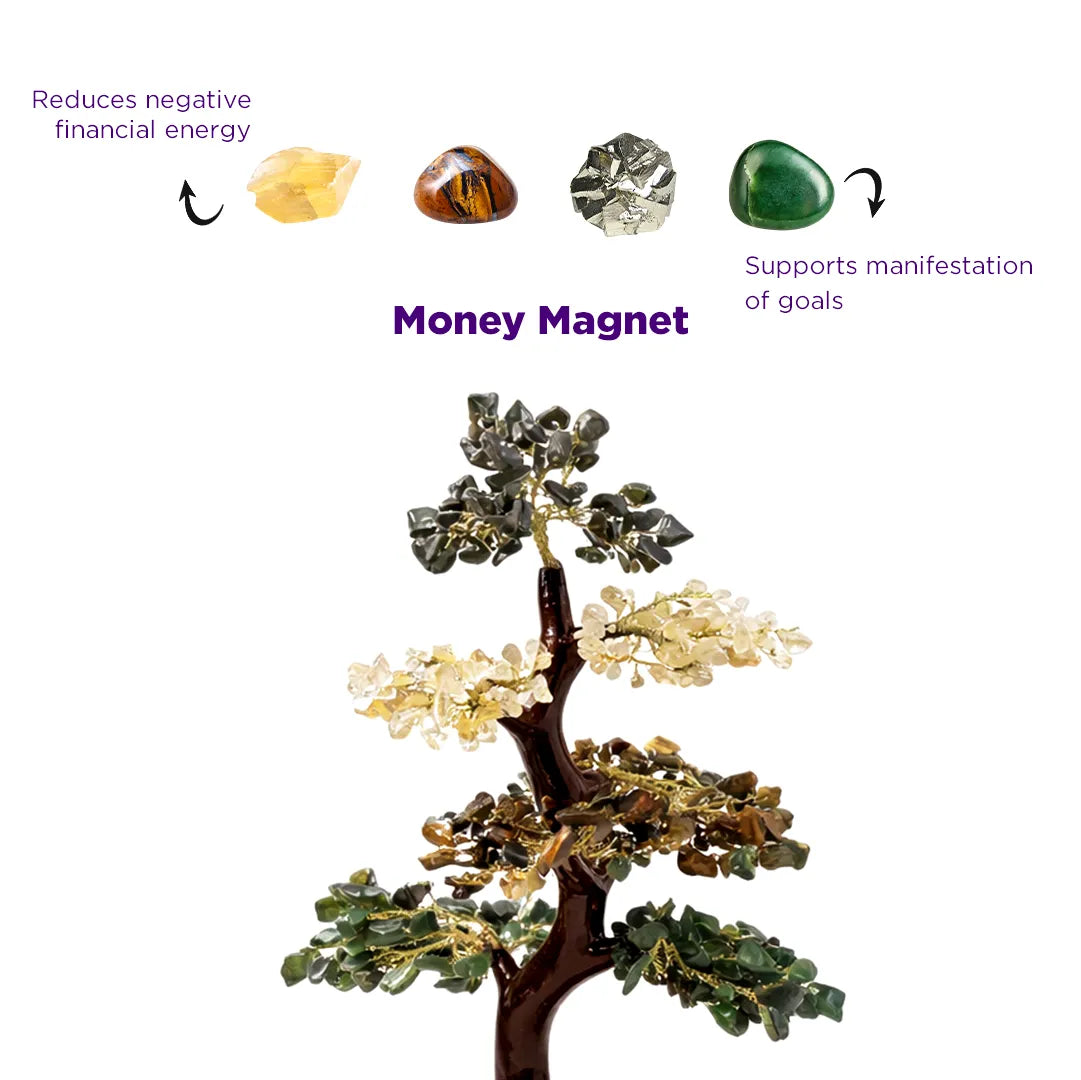 Decorative tree with crystals labeled for energy reduction and goal manifestation.