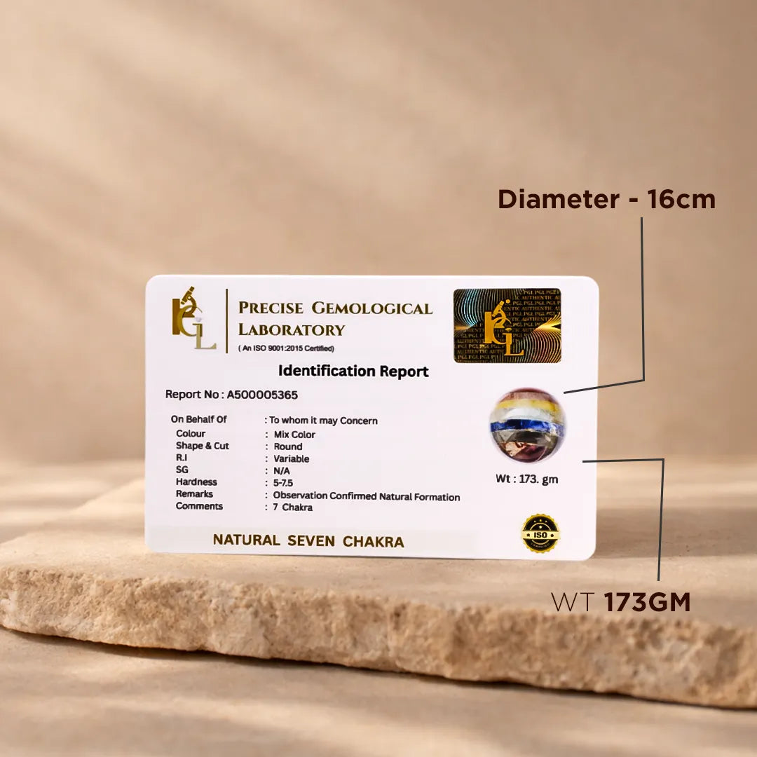 Identification report card from Precise Gemological Laboratory on a wooden surfaceNatural 7 Chakra Crystal Ball – Abhimantrit & Certified