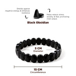 Black obsidian bracelet with measurements and benefits on a white background