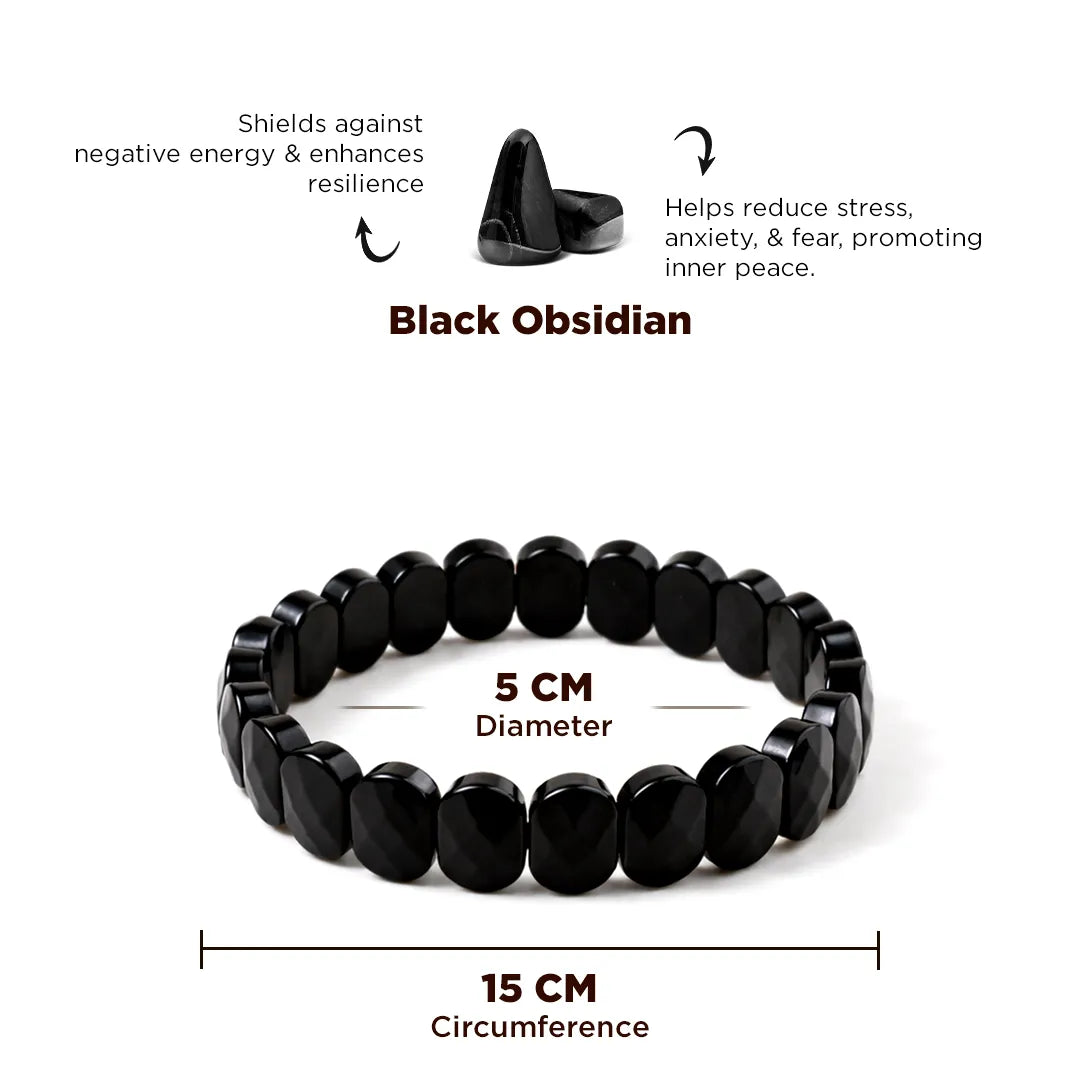 Black obsidian bracelet with measurements and benefits on a white backgroundBlack Obsidian Emerald Cut Bracelet for Protection & Emotional Release