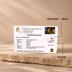 Identification report card for a natural black rutilated quartz stone on a beige background