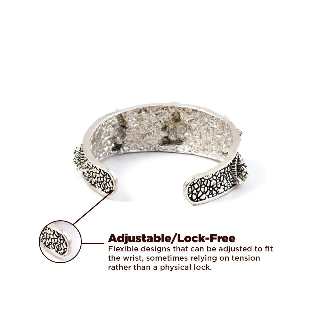 Silver bracelet with adjustable design on a white background