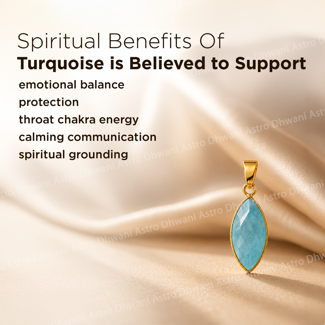 Turquoise pendant with gold setting on a satin background, featuring spiritual benefits text.
