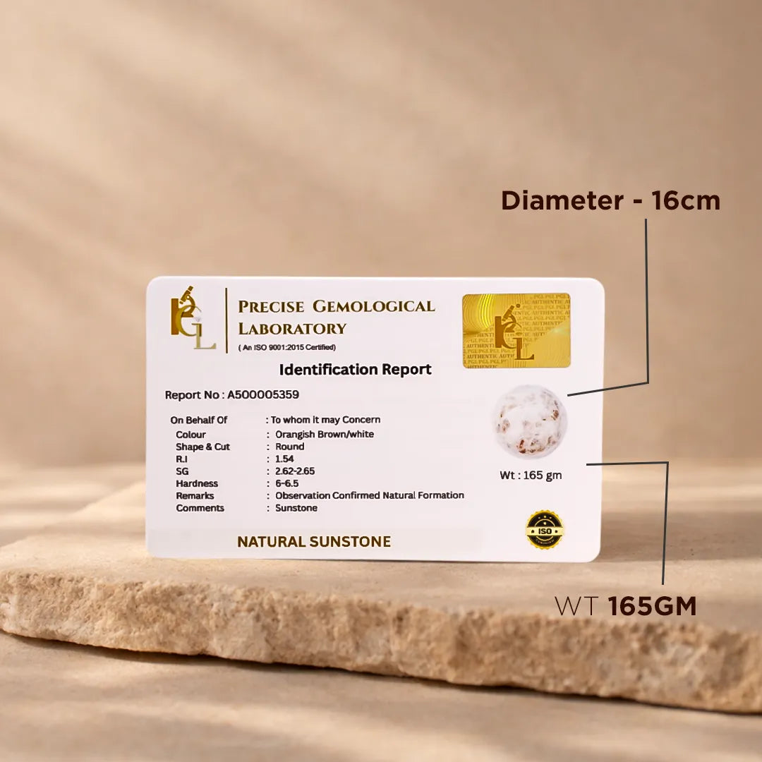 Identification report card from Precise Gemological Laboratory on a stone surface with measurements indicated.