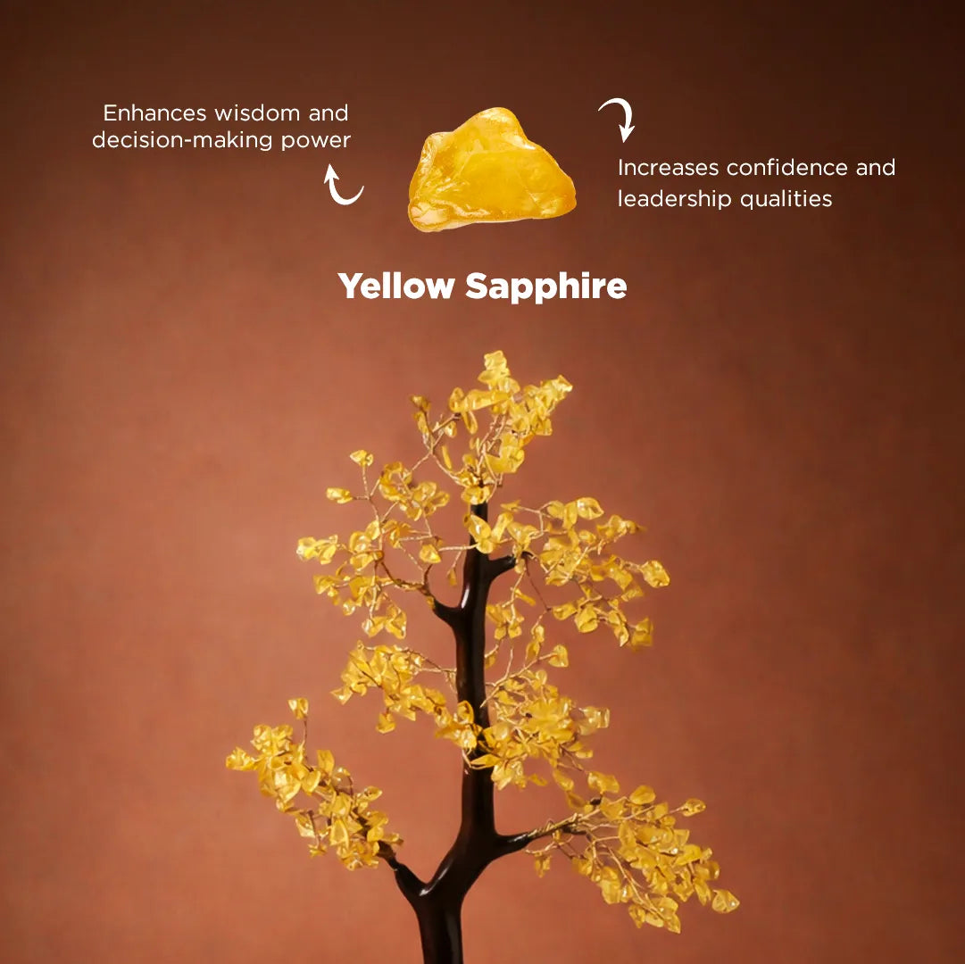 Yellow sapphire stone with tree-like structure on a brown background, labeled for its properties.