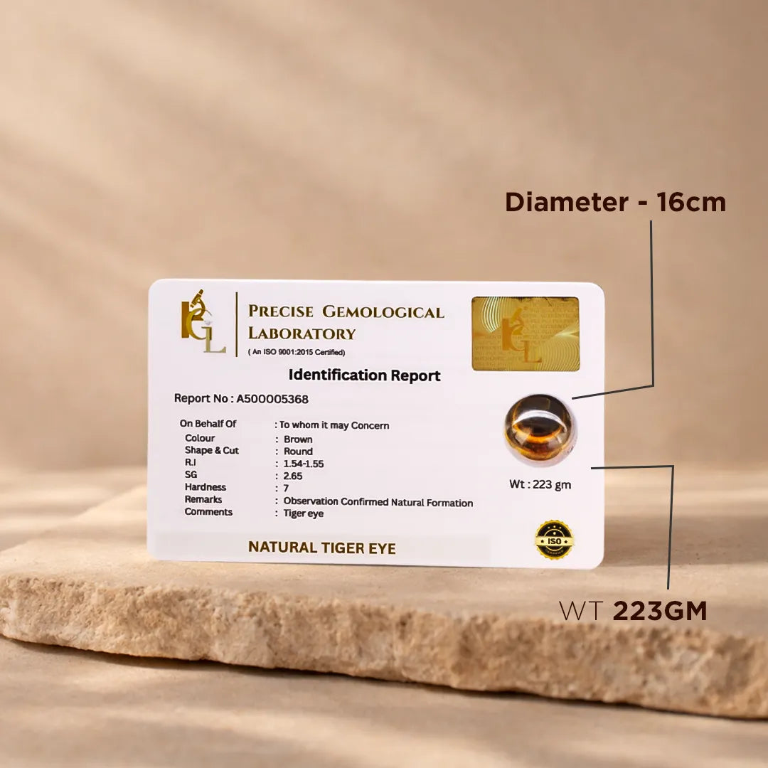 Precise Gemological Laboratory identification report for a natural tiger eye stone on a beige background