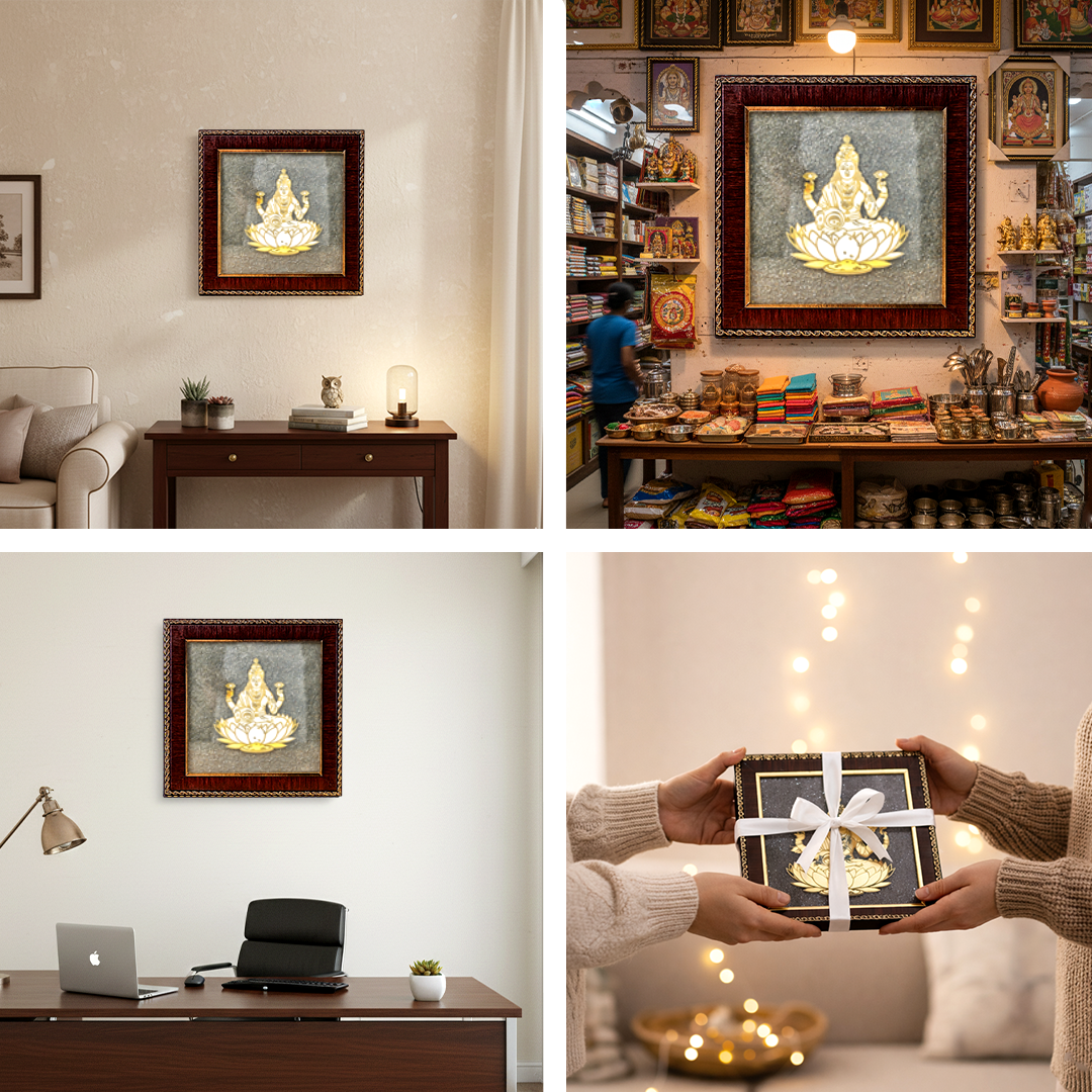 Framed artwork of a deity in various settings including a home office, a store, and a living room.Laxmi Ji Raw Pyrite Frame - Prosperity & Wealth Energy Frame