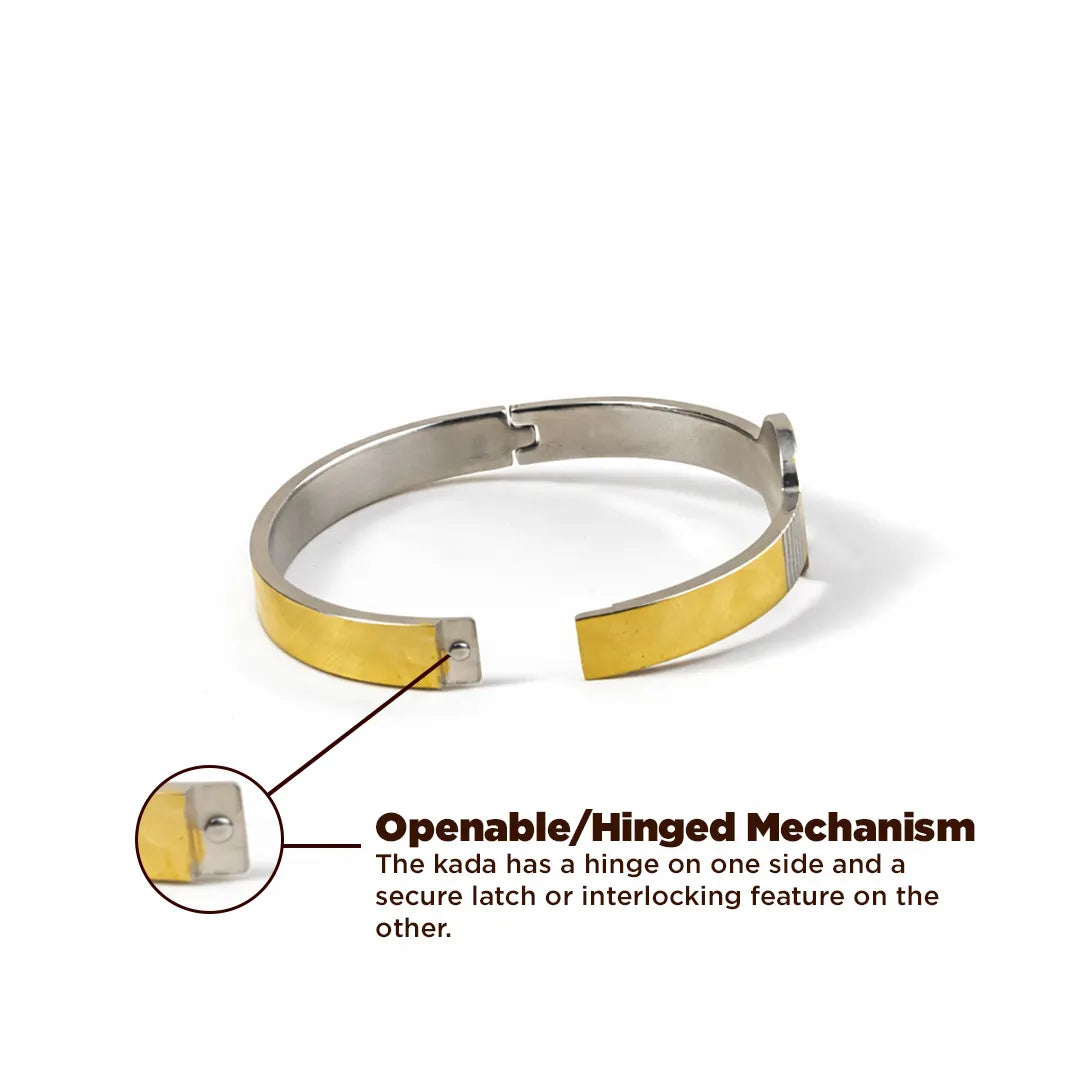 Gold and silver kada with openable/hinged mechanism on a white background