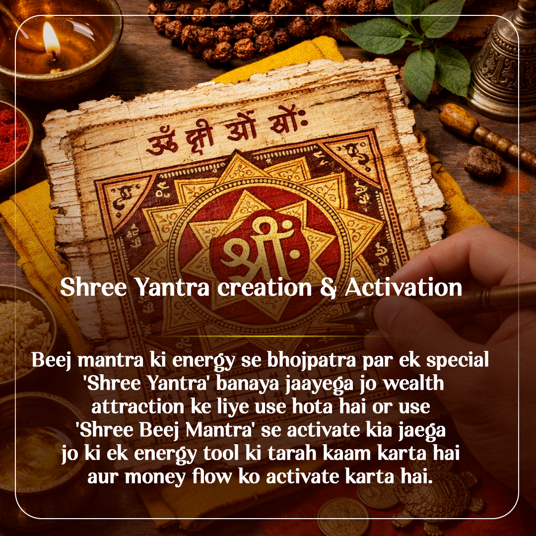 Shree Yantra with text on creation and activation, surrounded by traditional items.