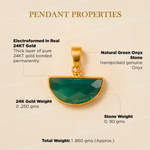 Gold pendant with green stone on a beige background with text detailing properties.