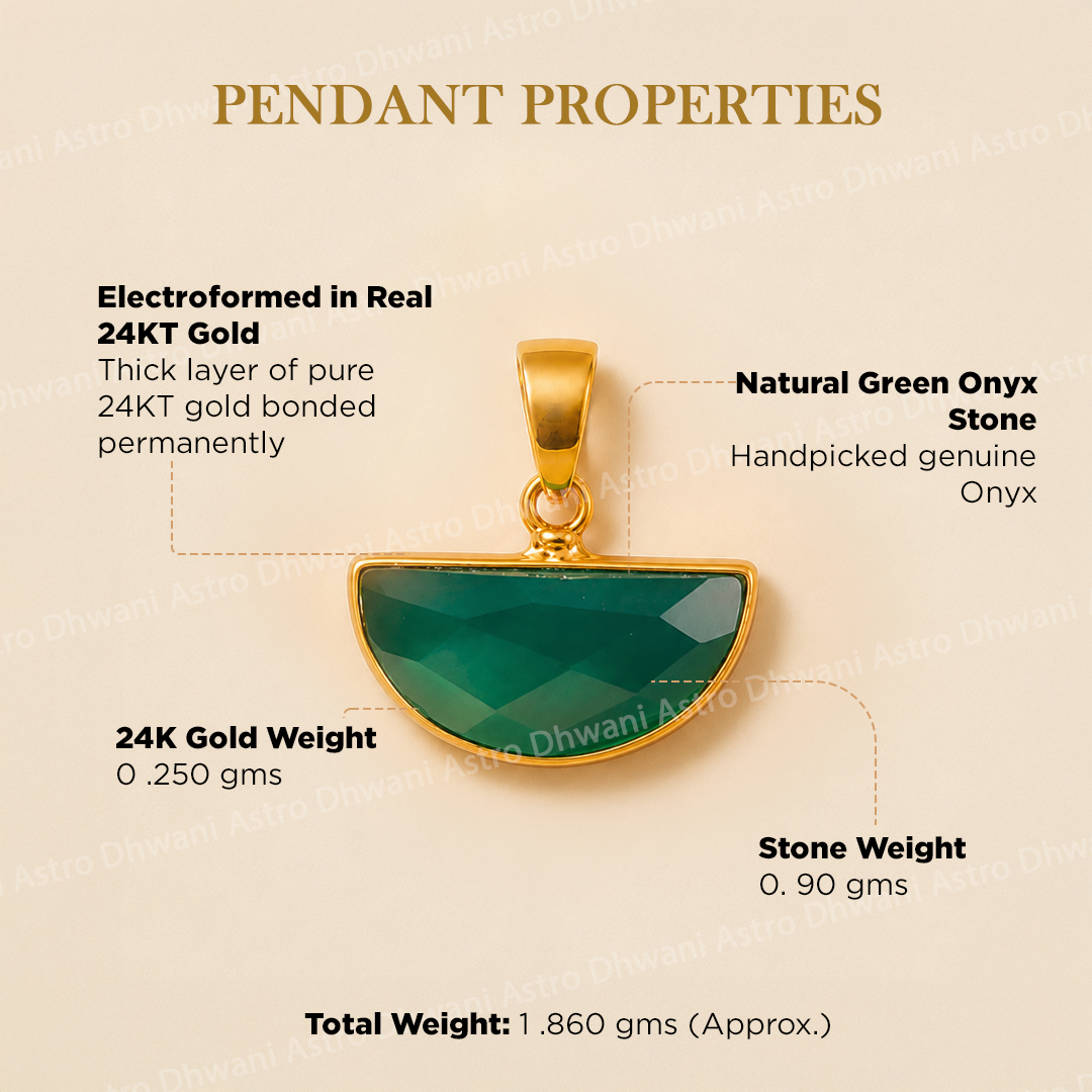 Gold pendant with green stone on a beige background with text detailing properties.Half Moon Green Onyx Aura Pendant in Real 24KT Gold Electroformed