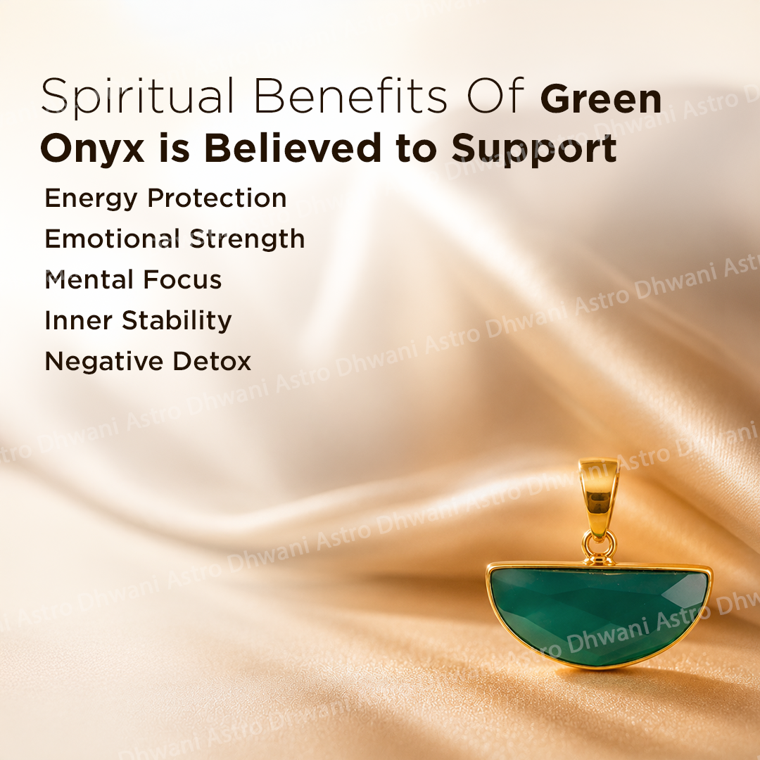 Green onyx pendant with gold setting on a beige fabric background, text about spiritual benefits of green onyx.Half Moon Green Onyx Aura Pendant in Real 24KT Gold Electroformed