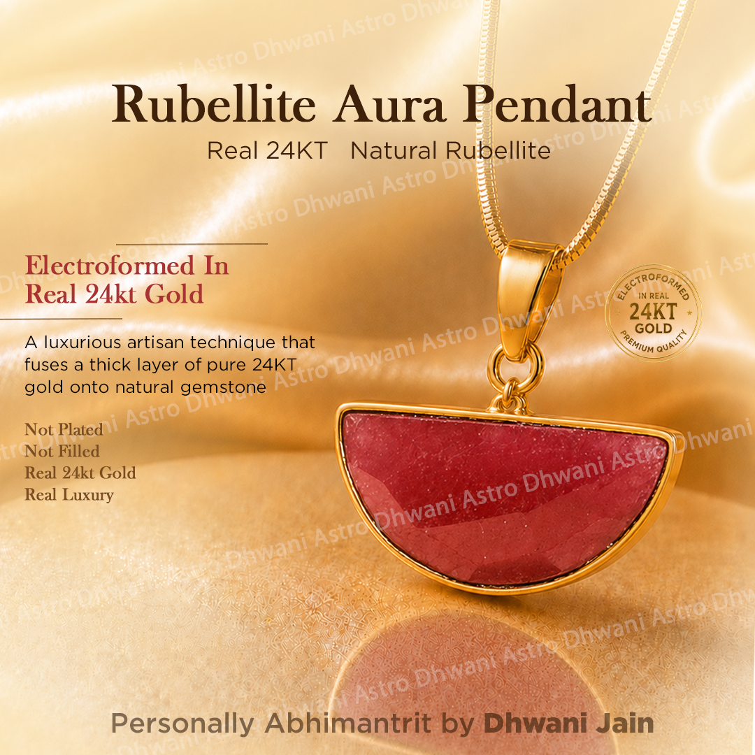 Rubellite Aura Pendant with 24KT gold plating on a gold background