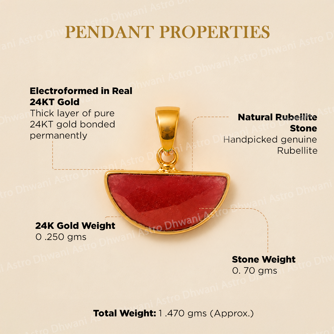Gold pendant with red stone on a beige background, detailing its properties.