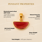 Gold pendant with red stone on a beige background, detailing its properties.