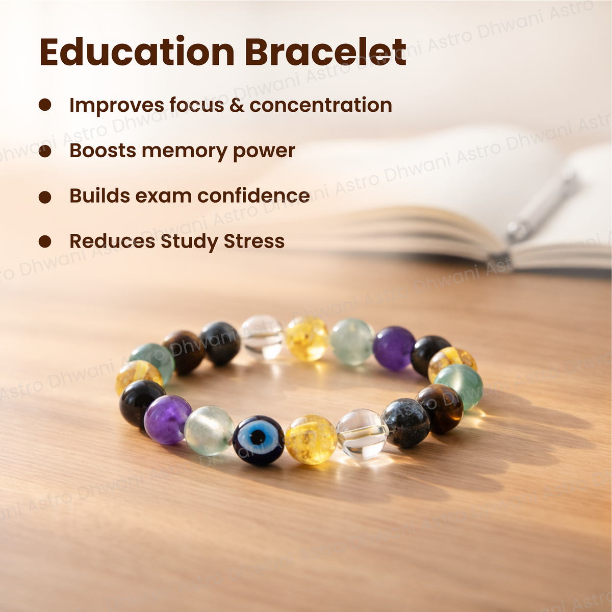 Colorful beaded bracelet on a wooden surface with text about its benefits.