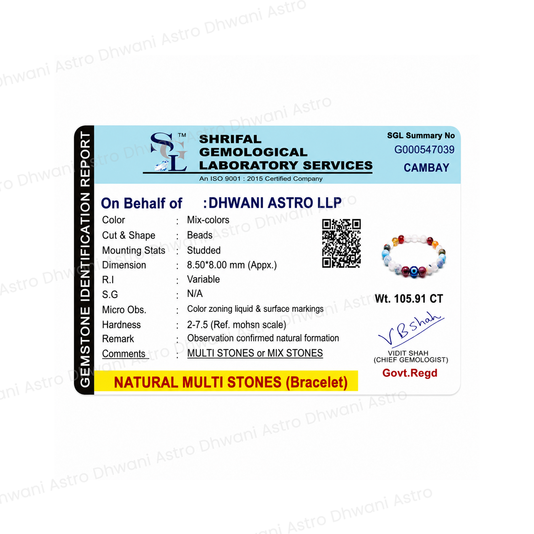 Shrirafal Gemological Laboratory Services identification report for natural multi-stones braceletBlessed Conceive & Protection: Pregnancy Bracelet (Spiritual Support for Motherhood Journey)
