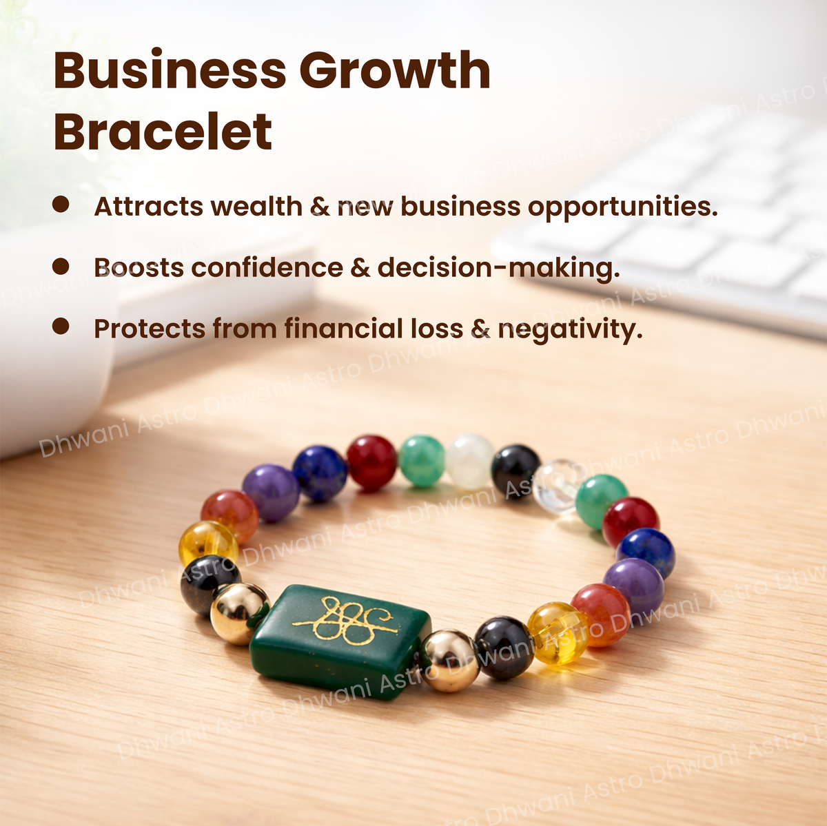 Colorful business growth bracelet on a wooden surface with text about its benefits.
