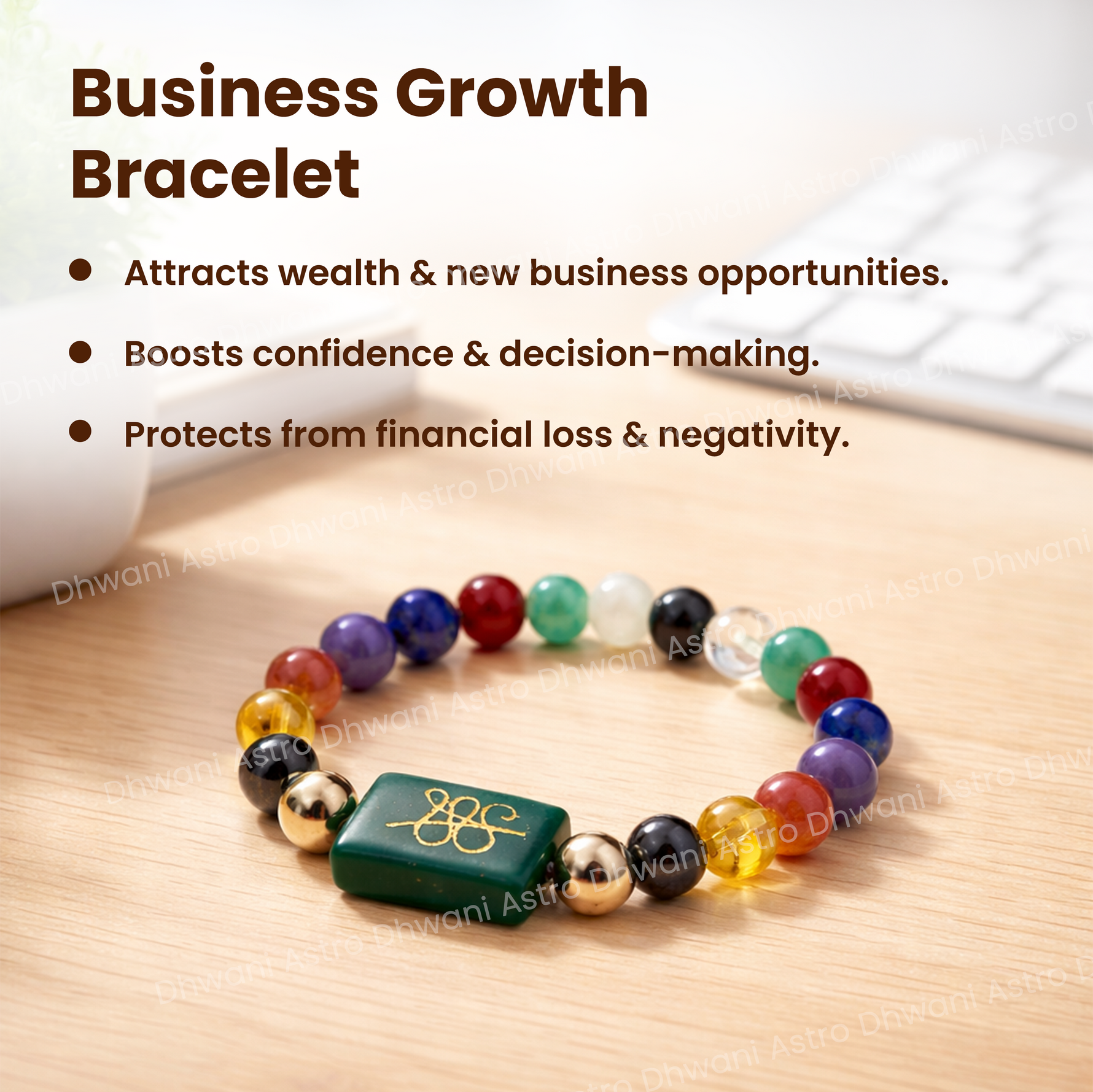 Colorful business growth bracelet on a wooden surface with text about its benefits.Business Success & Growth Bracelet for Wealth, Focus & Stability