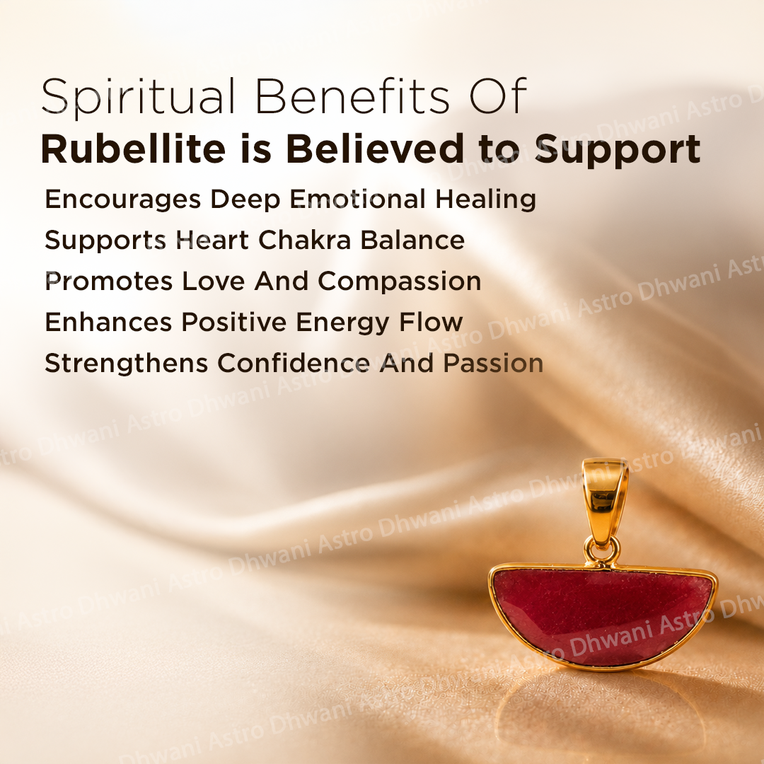 Gold pendant with red stone on a beige fabric background, featuring text about rubellite's spiritual benefits.