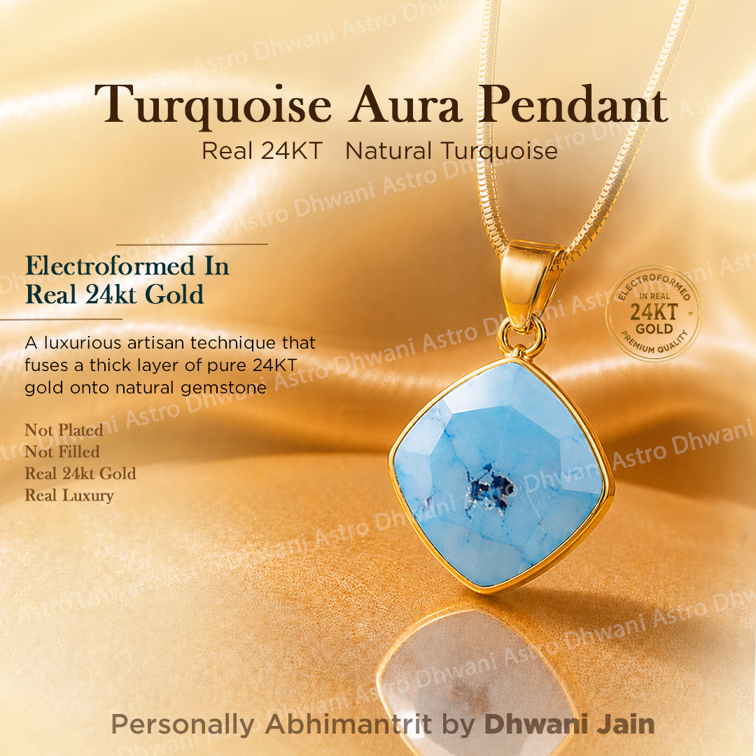 Turquoise Aura Pendant with gold chain on a gold background