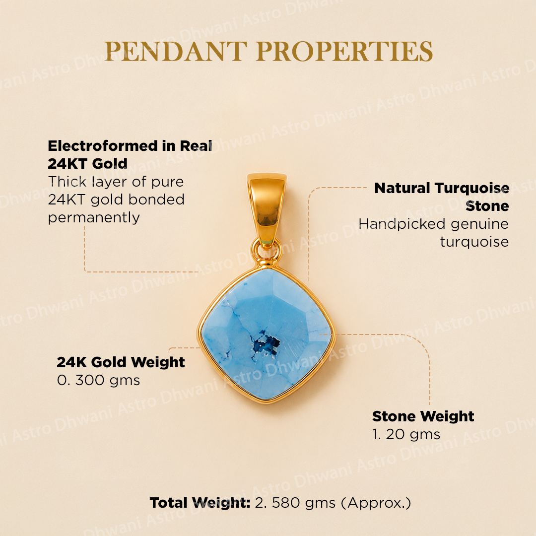Gold pendant with turquoise stone on a beige background with text detailing properties.