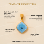 Gold pendant with turquoise stone on a beige background with text detailing properties.