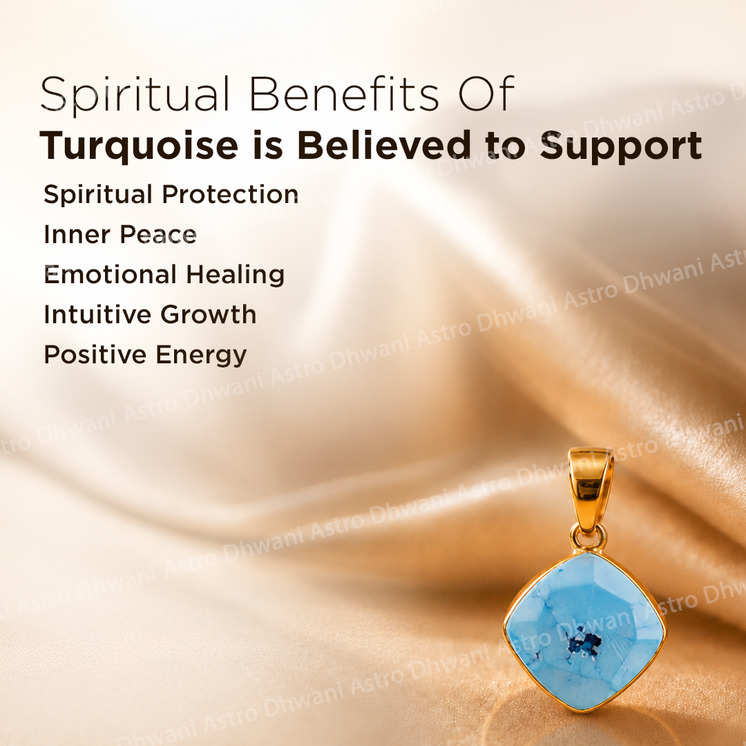 Turquoise pendant with gold chain on a beige fabric background, text about spiritual benefits of turquoise.