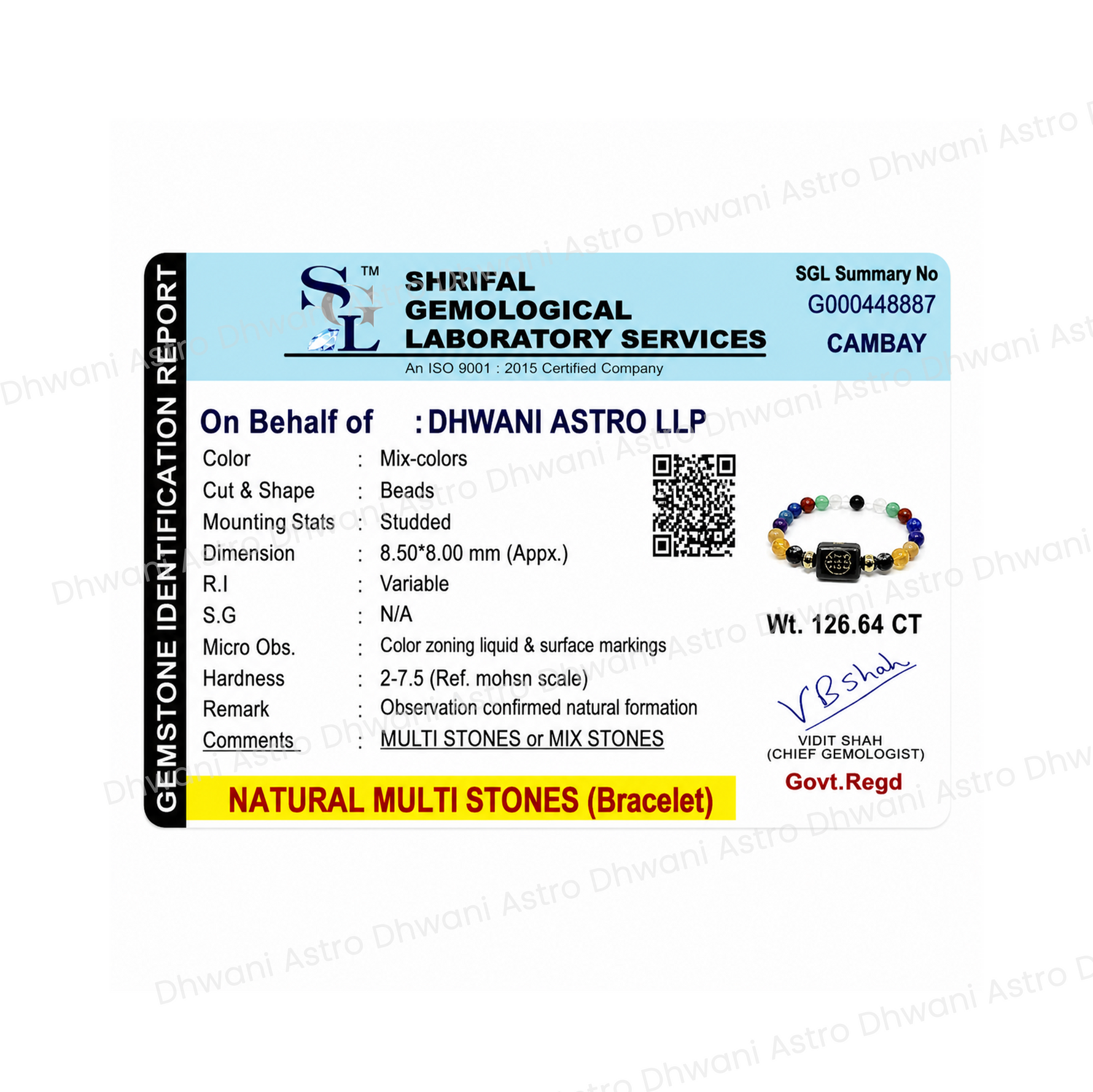 Shrilal Gemological Laboratory Services identification report for a bracelet with natural multi-stones.Business Success & Growth Bracelet for Wealth, Focus & Stability