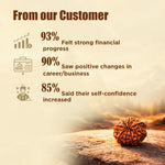 Rudraksha bead with customer feedback statistics on a warm-toned background