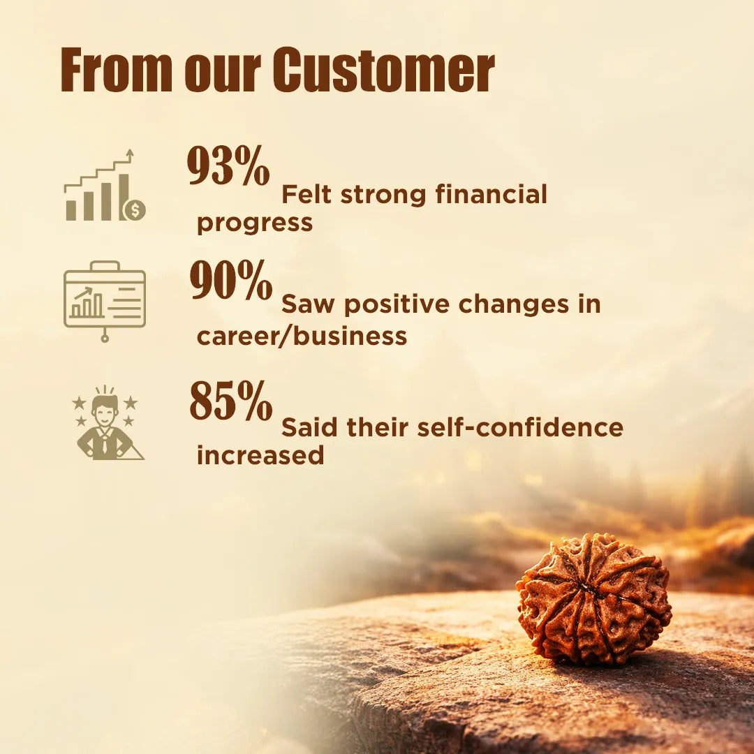 Rudraksha bead with customer feedback statistics on a warm-toned backgroundNepali 9 Mukhi Rudraksha (Nine Faced)