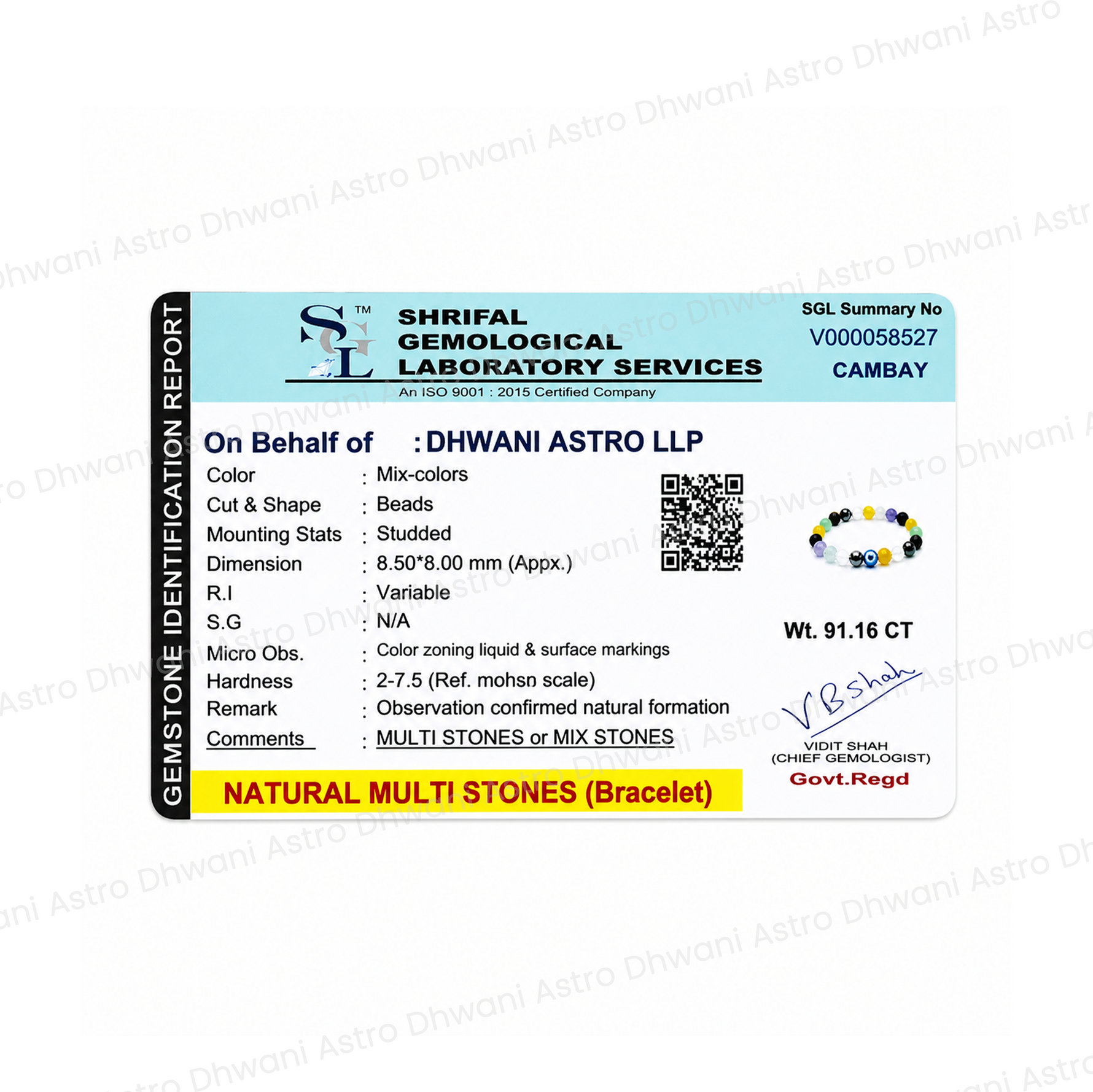 Shriful Gemological Laboratory Services identification report for natural multi-stones braceletबच्चों के लिए शिक्षा कंगन - अभिमंत्रित और प्रमाणित
