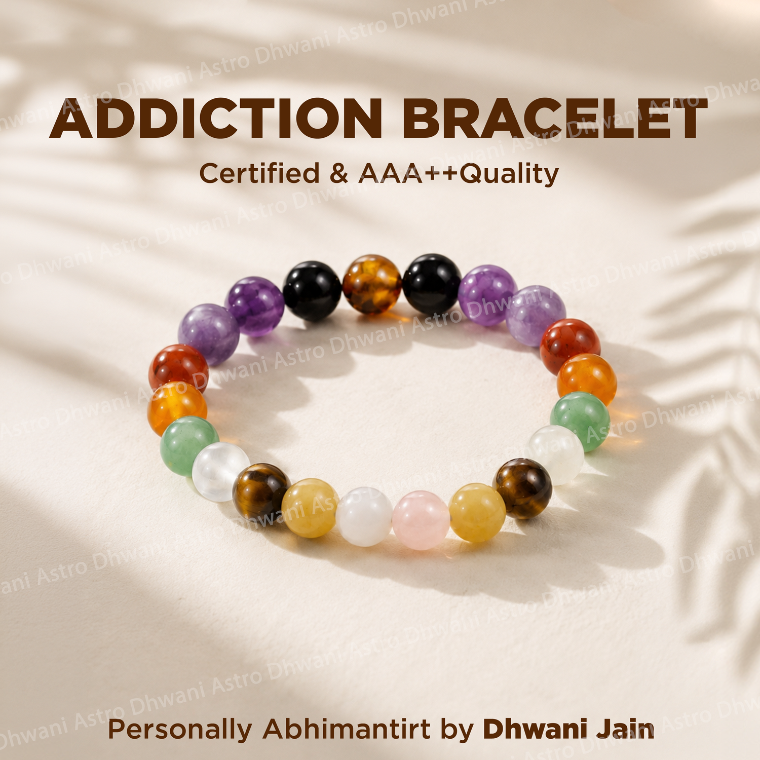 Colorful beaded bracelet on a beige fabric background with text about certification and quality.