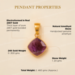 Gold pendant with amethyst stone on a beige background with text detailing properties.