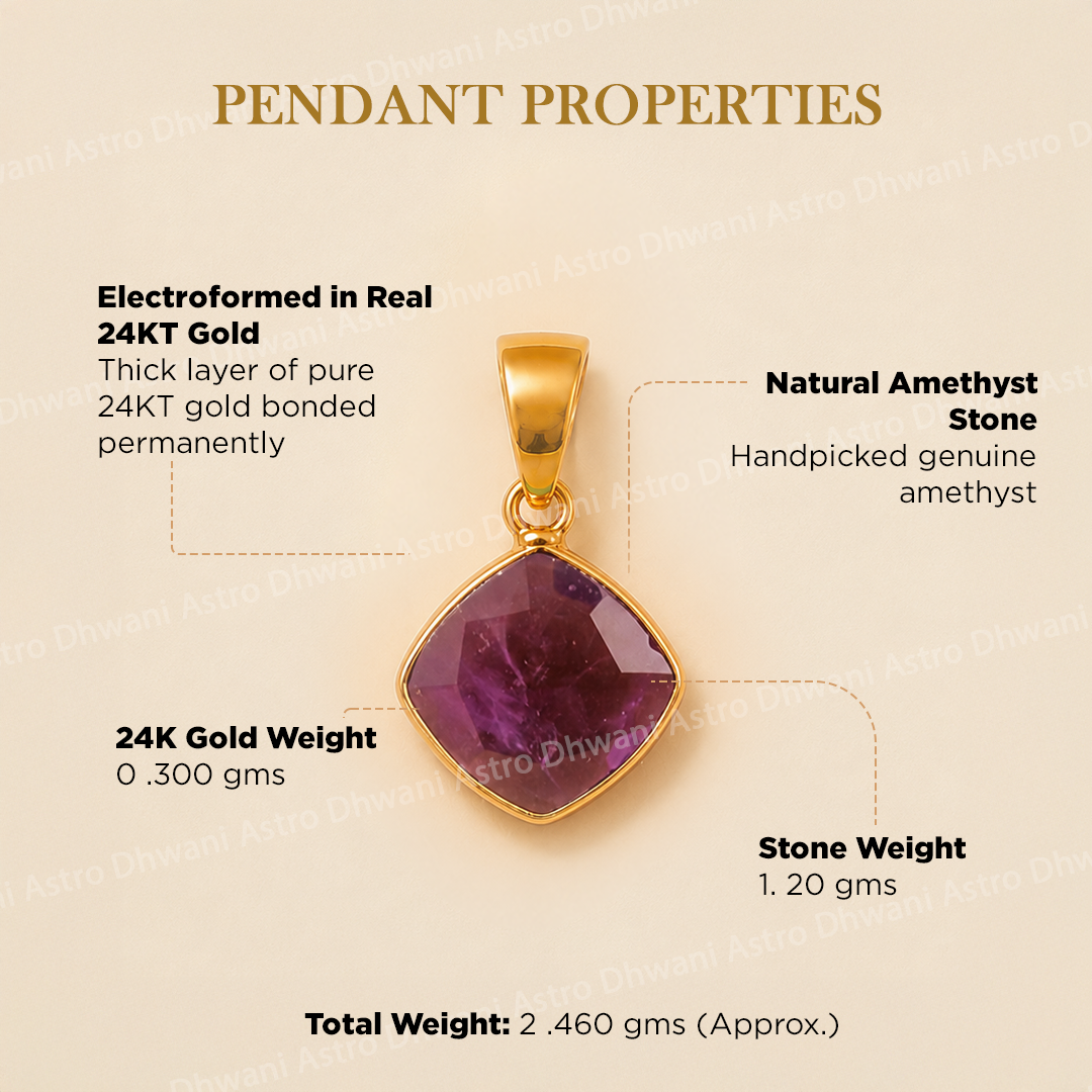 Gold pendant with amethyst stone on a beige background with text detailing properties.Amethyst Aura Pendant with Cushion Shape in Real 24KT Gold Electroformed