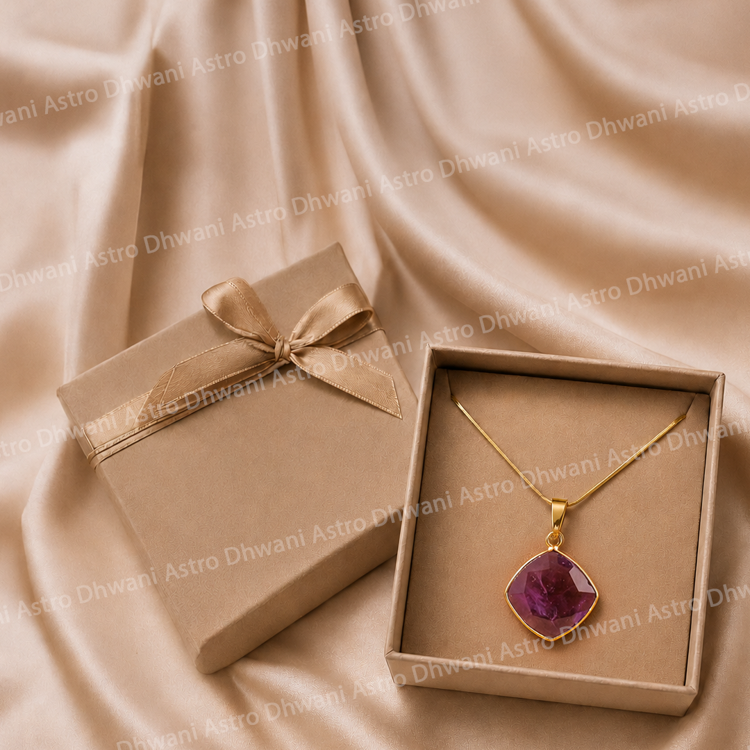 Gold necklace with a purple pendant in an open box on a beige fabric backgroundAmethyst Aura Pendant with Cushion Shape in Real 24KT Gold Electroformed