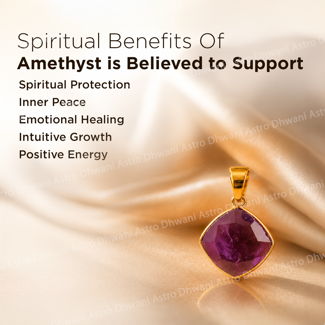 Amethyst pendant with gold setting on a soft fabric background, listing spiritual benefits of amethyst.