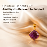 Amethyst pendant with gold setting on a soft fabric background, listing spiritual benefits of amethyst.